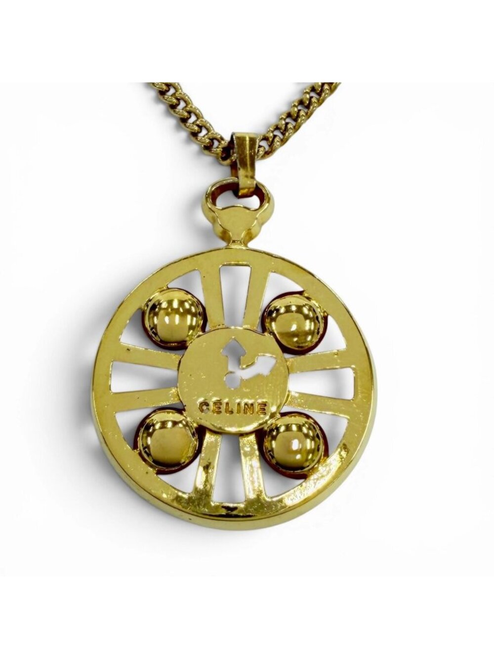 Celine Vintage Metal Watch Motif Logo Chain Pendant Gold